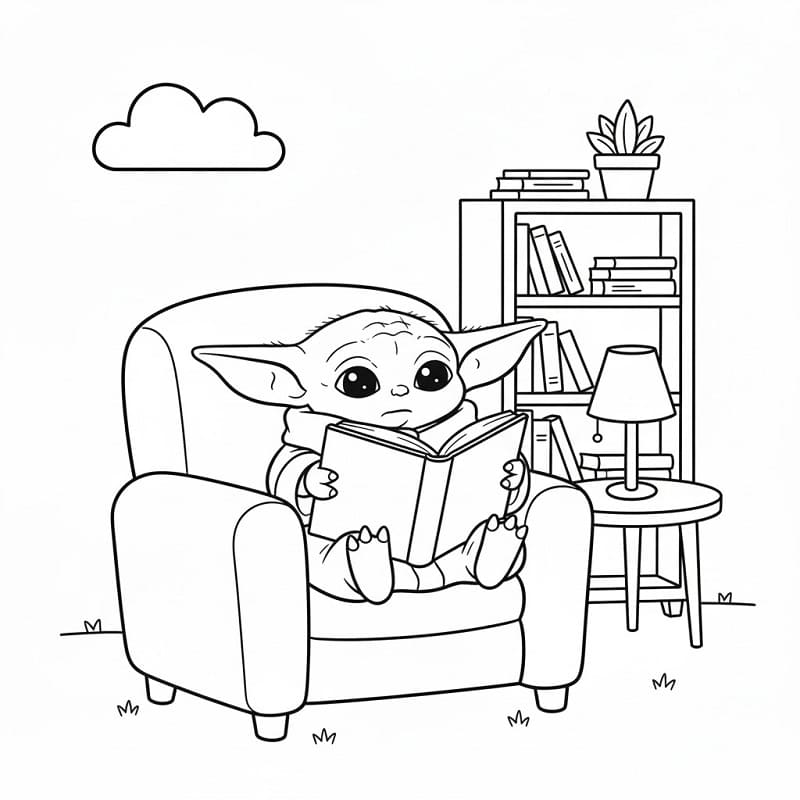 Baby Yoda čte knihu omalovánka