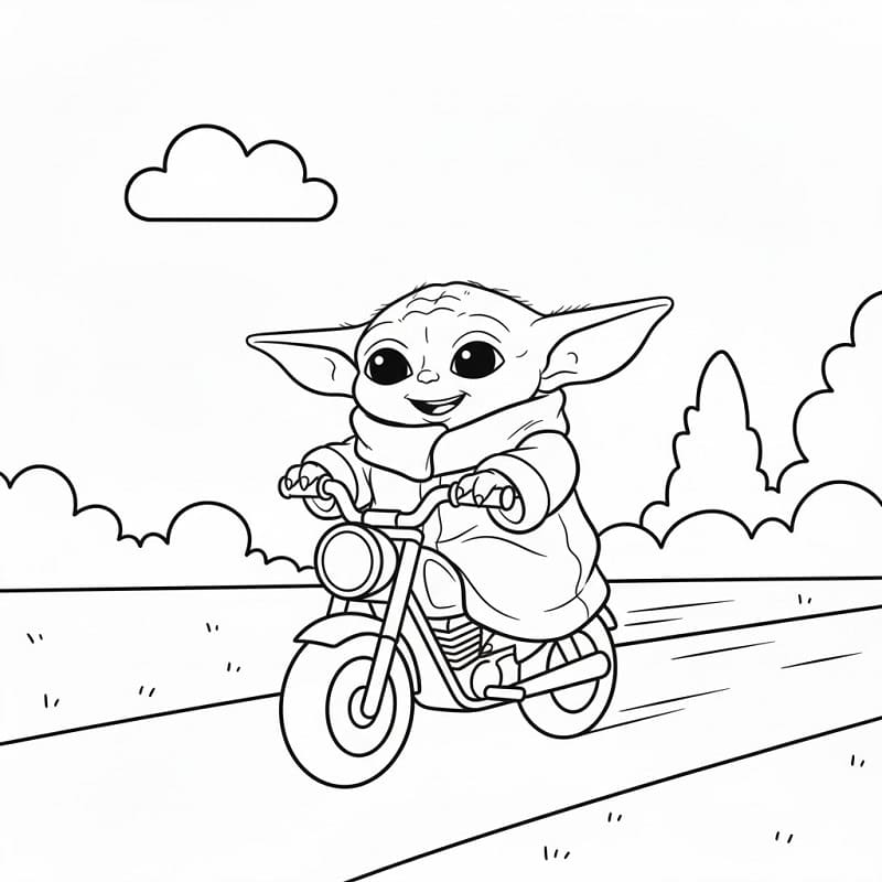 Baby Yoda jede na motorce omalovánka