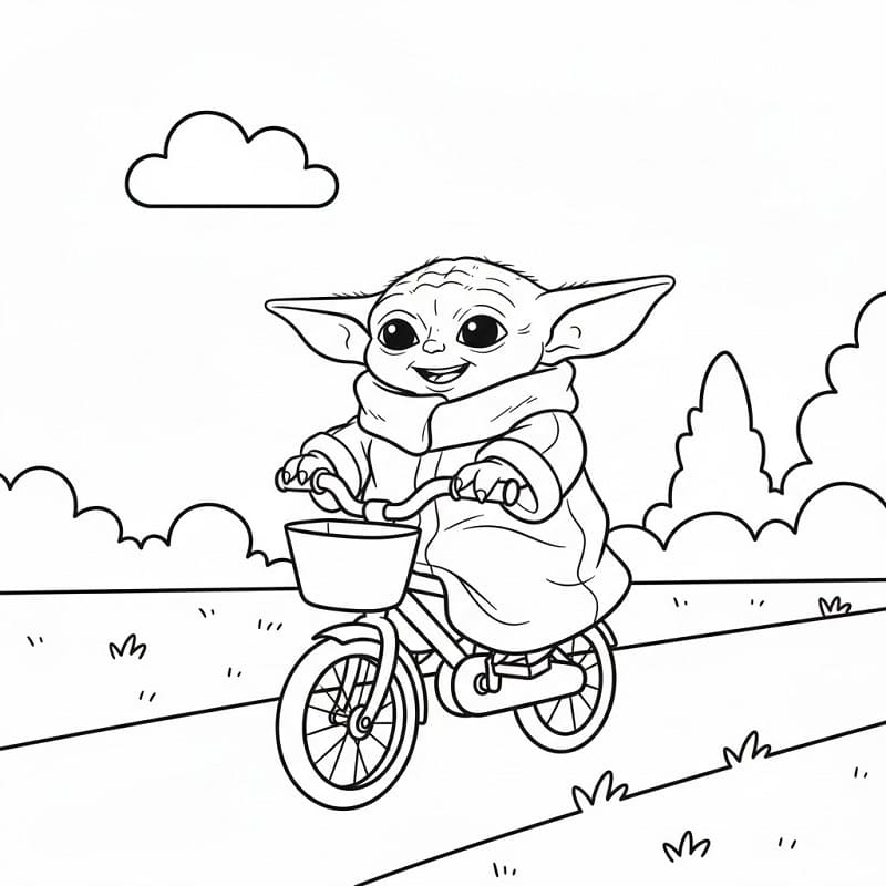 Baby Yoda jezdí na kole omalovánka