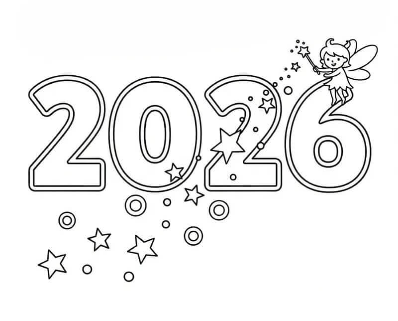 Šťastný nový rok 2026 tisknutelný obrázek omalovánka