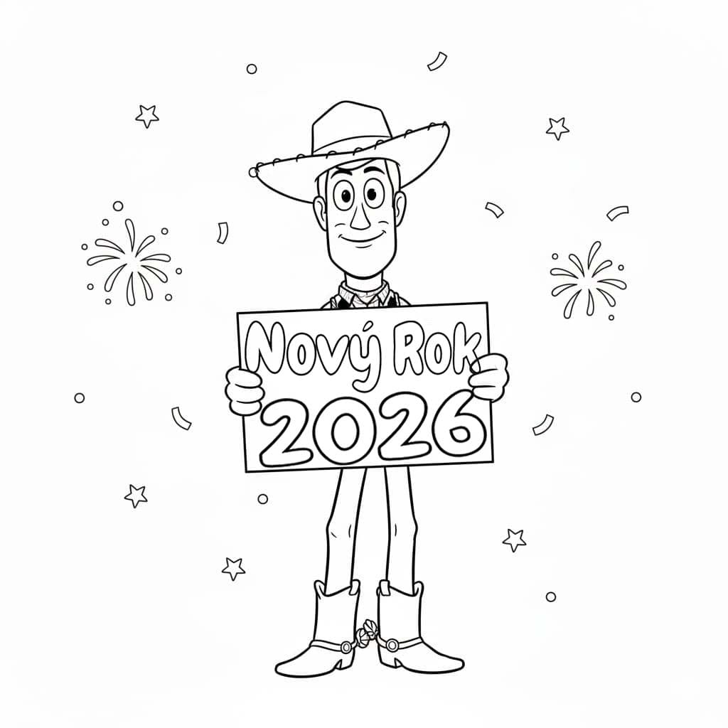 Šťastný nový rok 2026 tisknutelný omalovánka