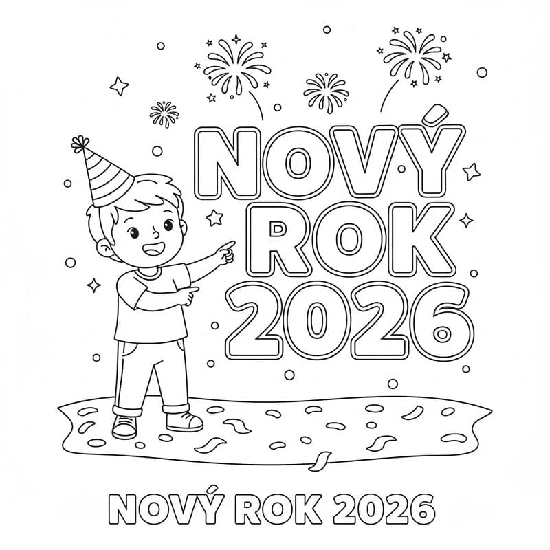Zdarma Šťastný nový rok 2026 omalovánka
