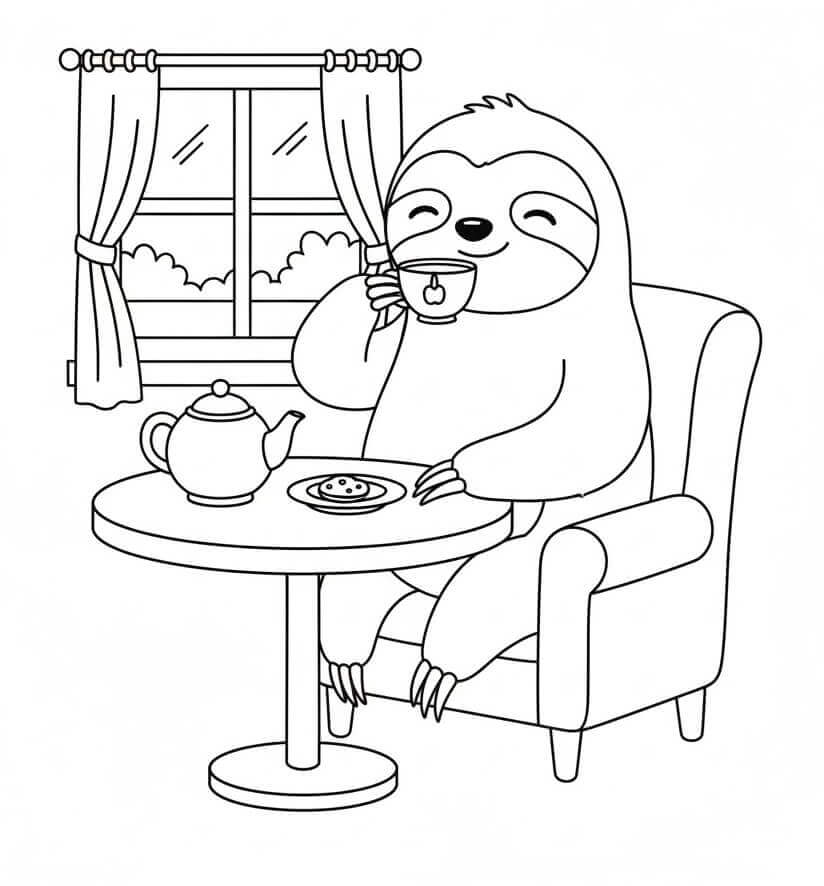 Lenochod Pije Čaj omalovánka