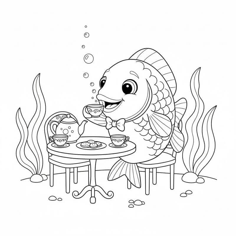 Rybička Pije Čaj omalovánka