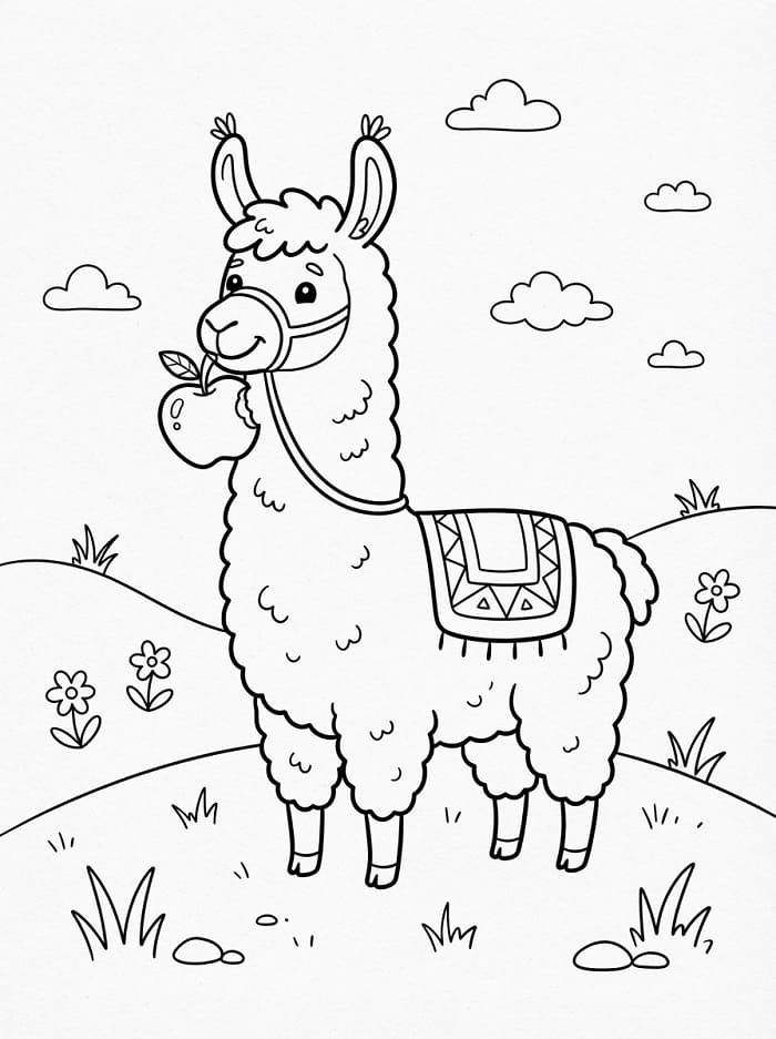 Lama jící jablko omalovánka