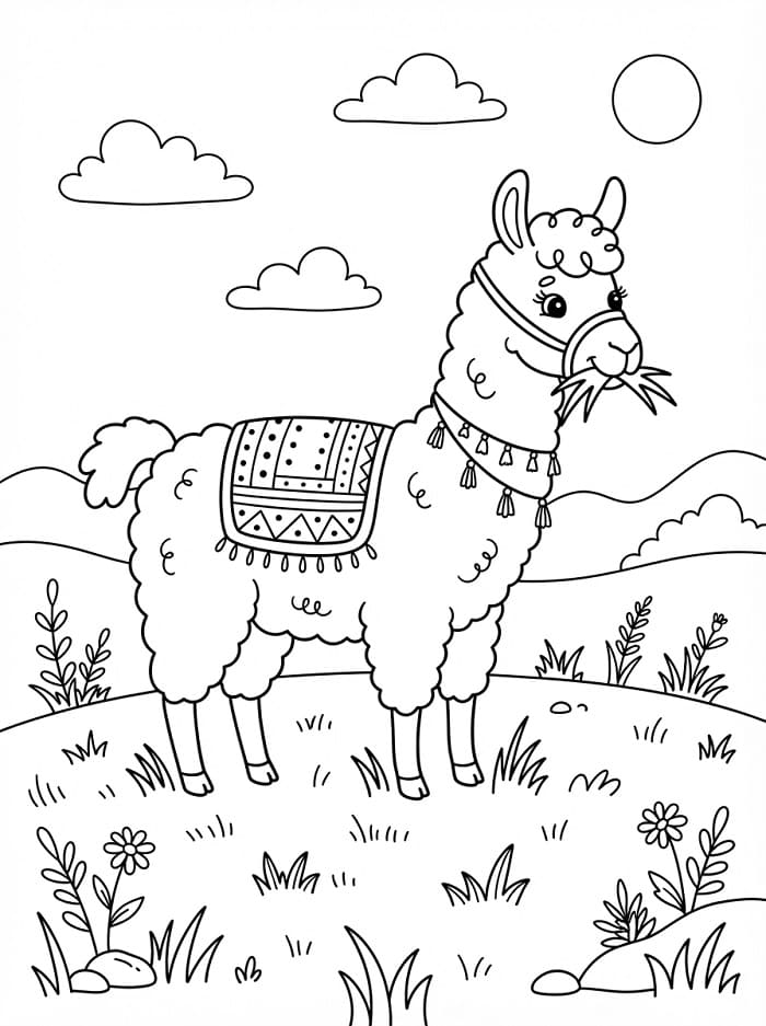 Lama pasoucí se na trávě omalovánka