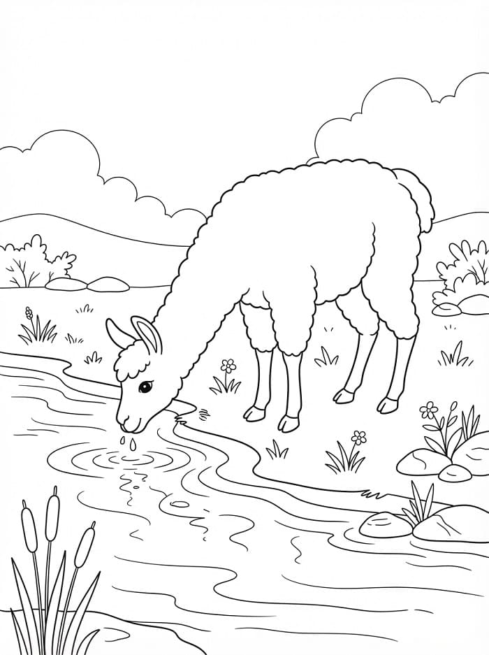 Lama pijící vodu omalovánka