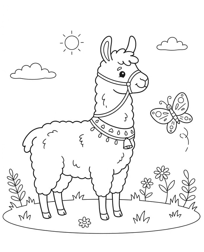 Lama s motýlem omalovánka