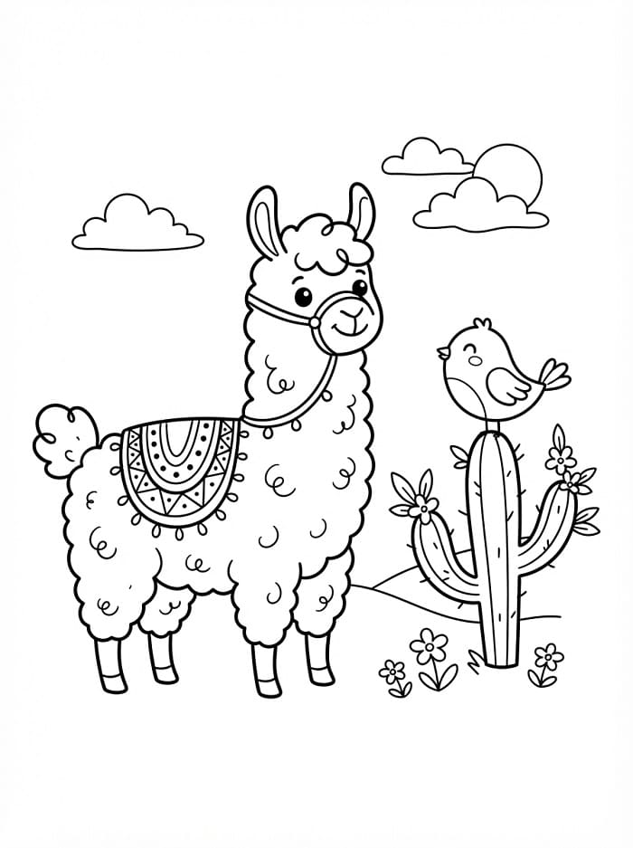 Lama s ptáčkem omalovánka