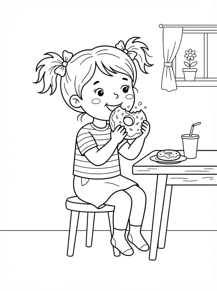Omalovánka Roztomilá dívka jedící donut