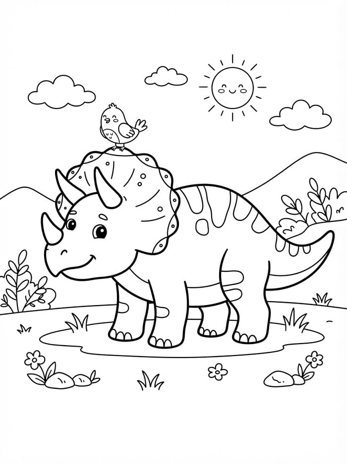 Triceratops a ptáček omalovánka