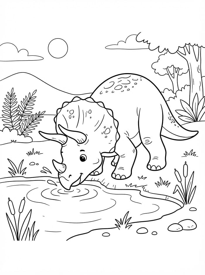 Triceratops pijící vodu omalovánka