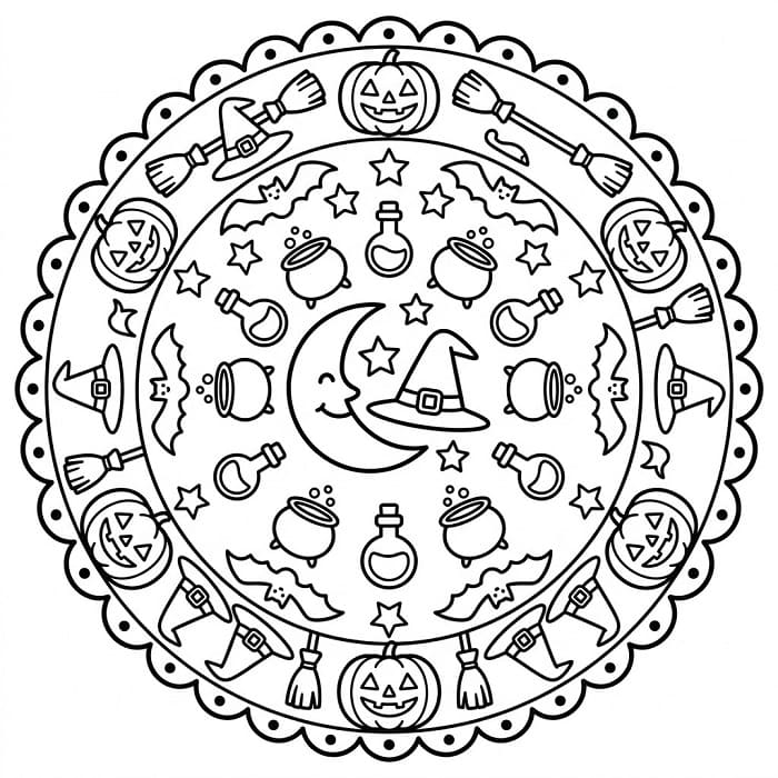 Halloweenská mandala k vytisknutí omalovánka